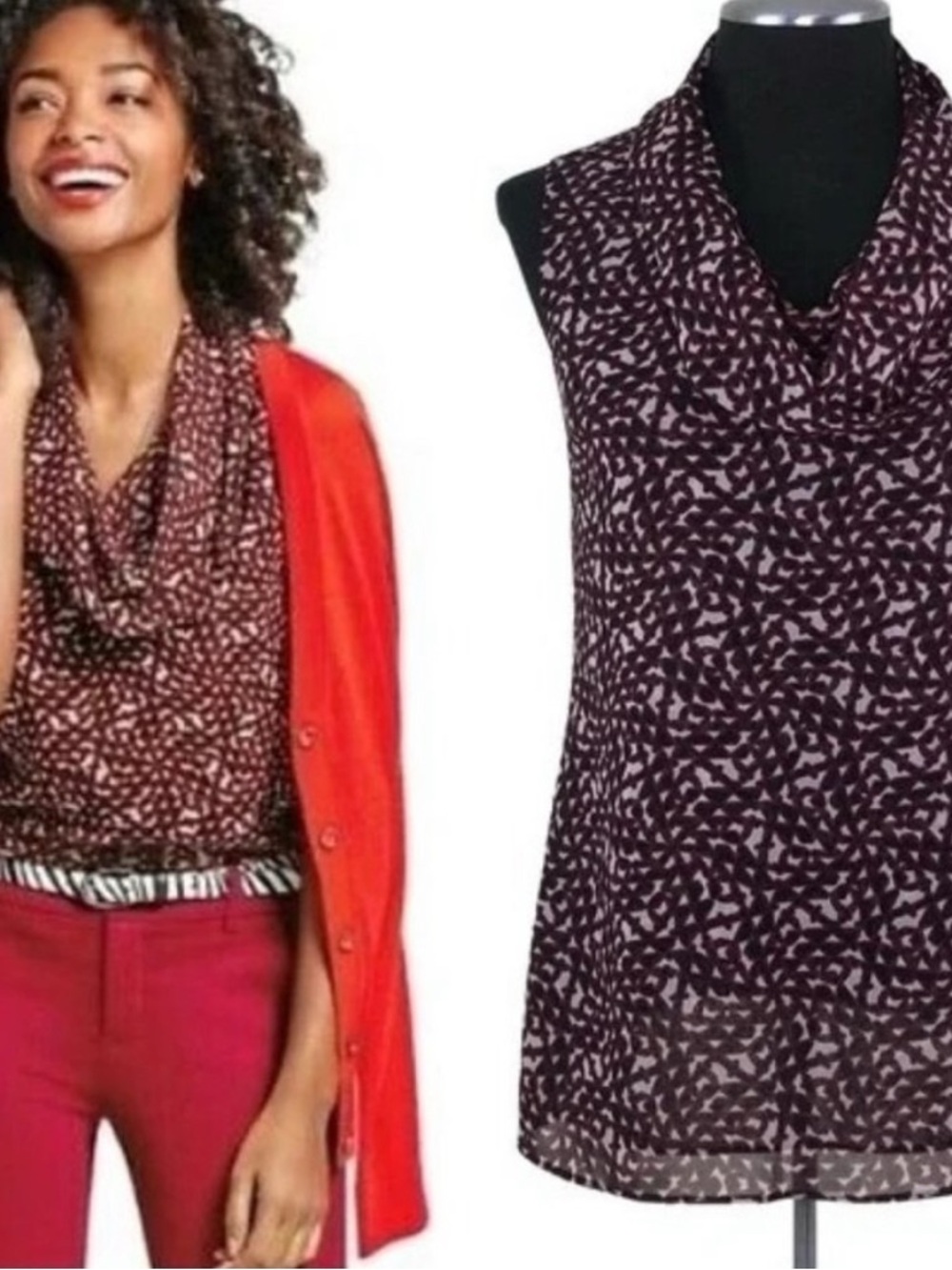 CAbi Sleeveless Cowl Neck Blouse in Black and Cream Geometric Print